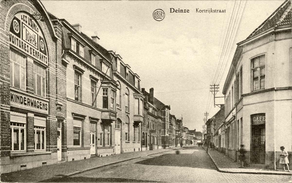 Deinze (Deynze). Kortrijkstraat, Kinderwagens, Cafe, 1933