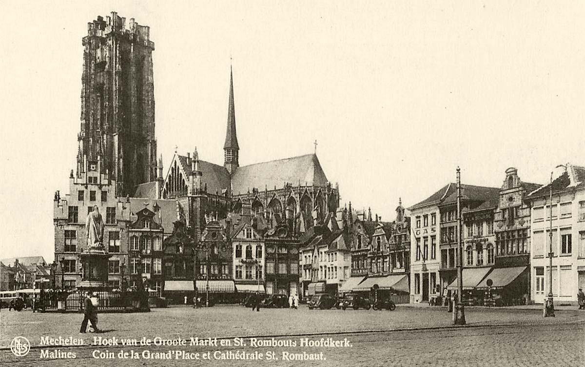 Malines (Mechelen, Mecheln). Coin de la Grand'Place et Cathédrale St Romba