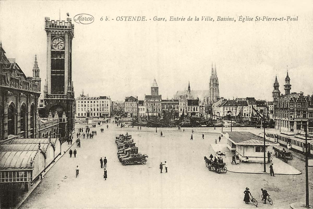Ostend (Ostende, Oostende). La Gare, Entree de la Ville, Bassins, Église St Pierre et Paul