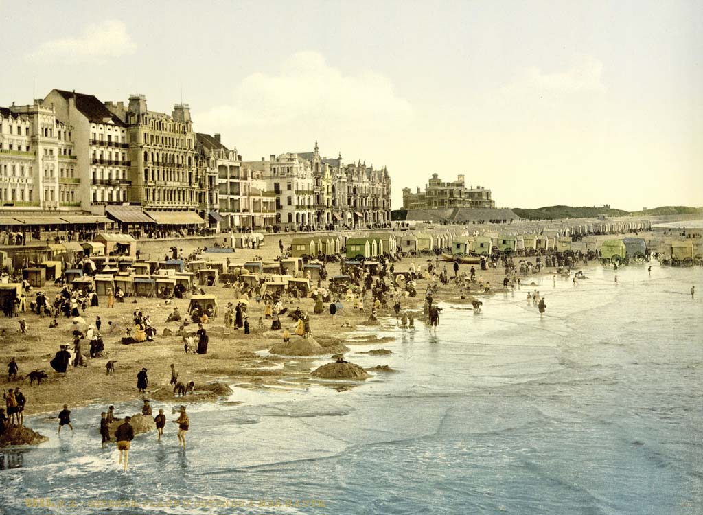 Ostend (Ostende, Oostende). La plage à mer haute, 1890