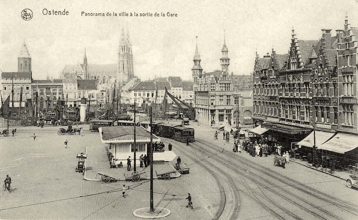 Ostend (Ostende, Oostende). Panorama de la ville à la sortie de la Gare