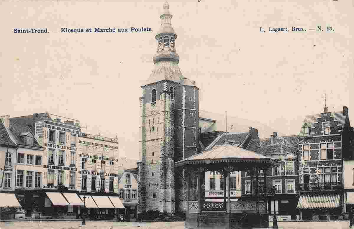 Saint-Trond. Chicken Market, Church Tower and Kiosk