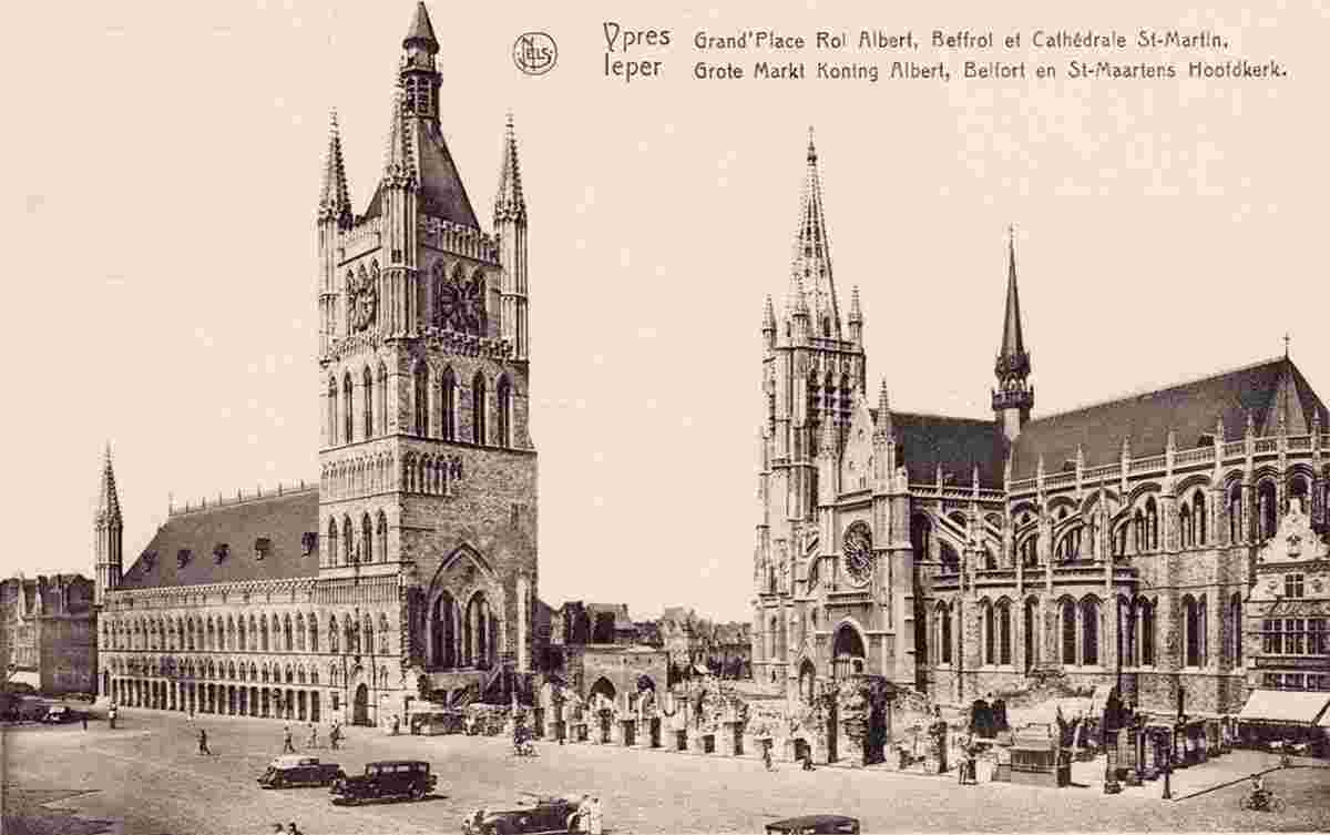 Ypres. Square of King Albert, Saint Martin Cathedral,  Beffroi, 1951