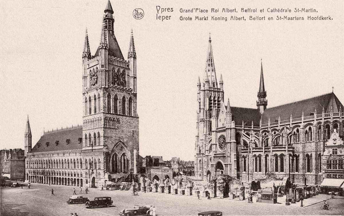 Ypres (Ieper). Square of King Albert, Saint Martin Cathedral,  Beffroi, 1951