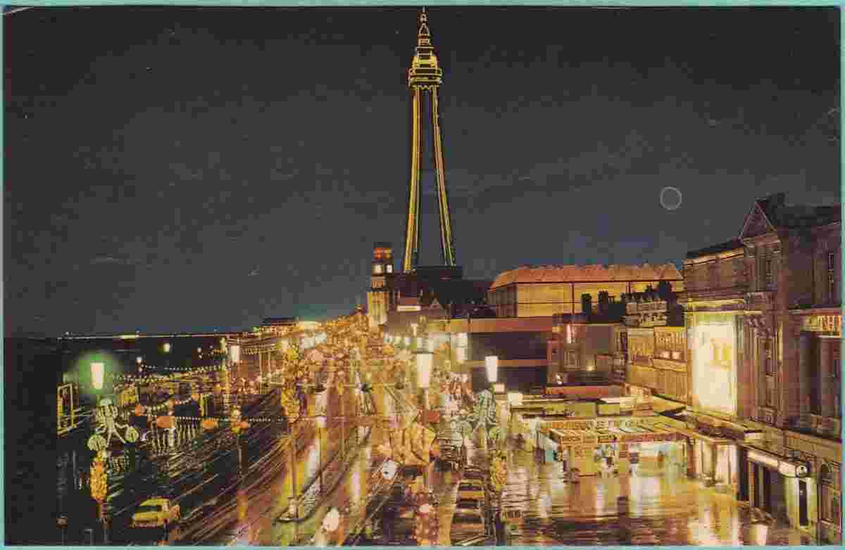 Blackpool. Central Promenade and Tower in illumination, between 1960 and 1970