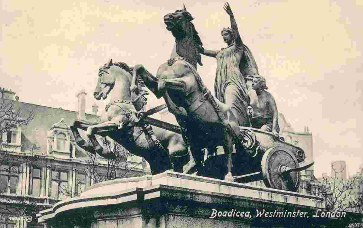 Greater London. Thames embankment - Big Ben and Boudica statue, 1959