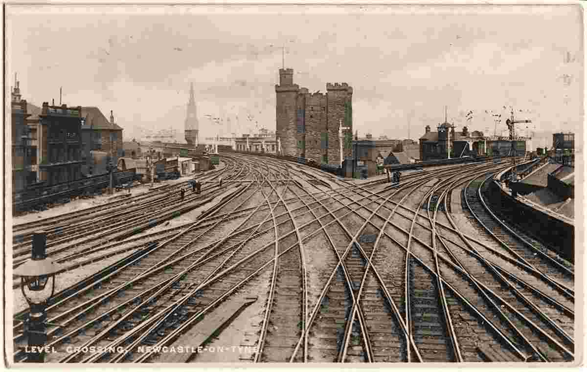 Newcastle upon Tyne. Largest Railway Crossing and High Level Bridge from Central Station, view of Castle