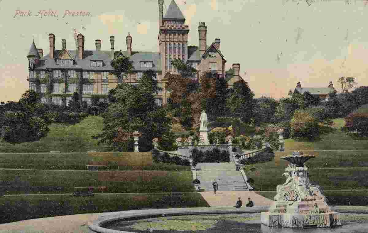 Preston. Miller Park, Park Hotel, Derby Statue and Fountain, 1910