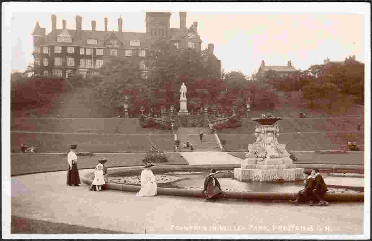 Preston. Miller Park, Park Hotel, Derby Statue and Fountain, 1910s