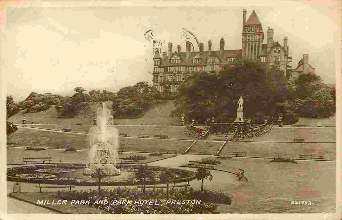 Preston. Miller Park, Park Hotel, Derby Statue and Fountain