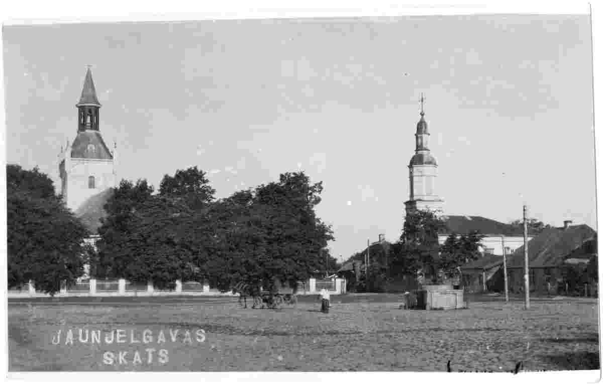 Jaunjelgava. Lutheran Church, Catholic Church and fontain, 1925