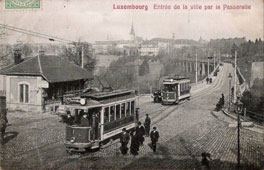 Luxembourg City. Entrance of the city by the footbridge, tramway, 1911