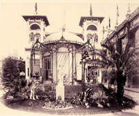 Pavilion of Monaco, view of garden and statue of the Virgin Mary, Paris Exposition, 1889