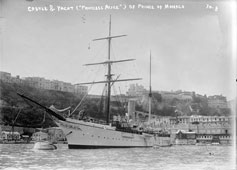 Monaco city. Yacht of Prince of Monaco 'Princess Alice' and castle in background, 1900