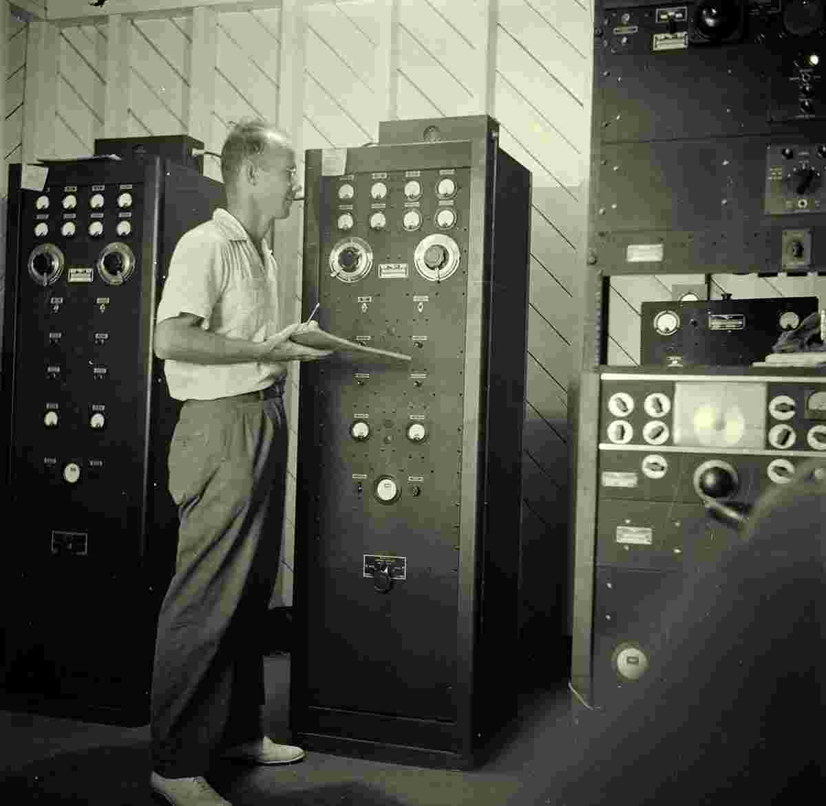 St. Johns. Charles Stellrecht at the radio tower, 1947