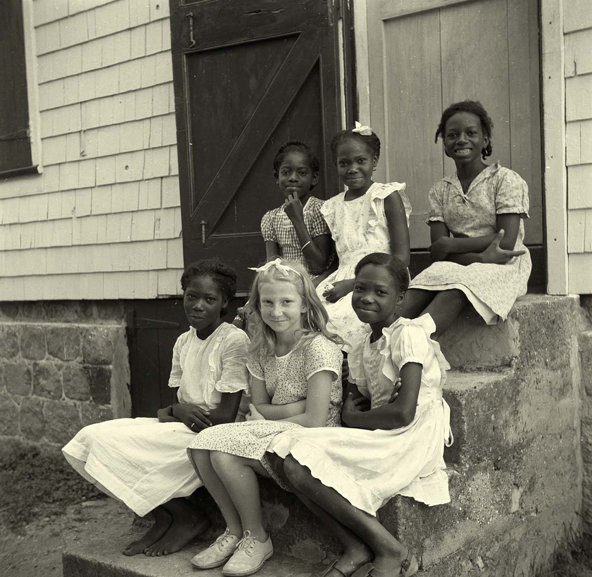 St John's. Girls on the steps of the school, 1947
