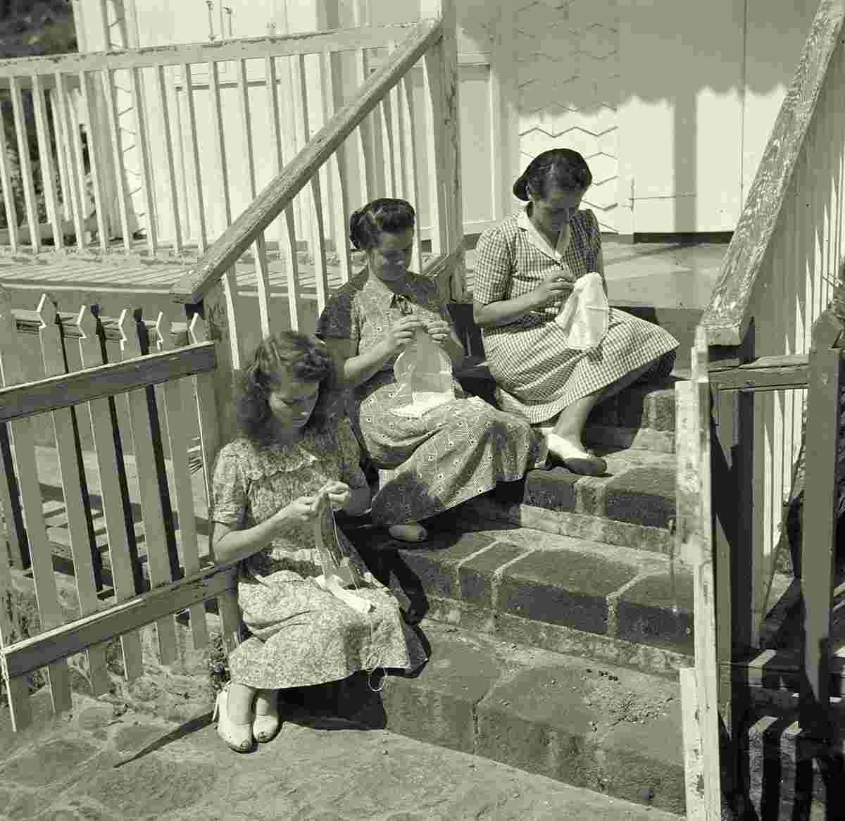 Windwardside. Mary Point, Bessie Sagon and Sylvia Hassell embroidering, 1947