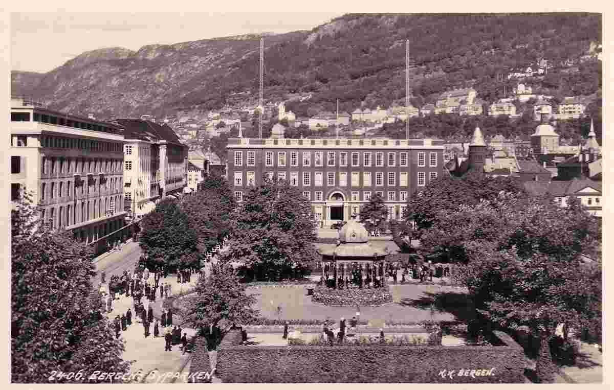 Bergen. Byparken - City park, Music pavilion and Telegraph building