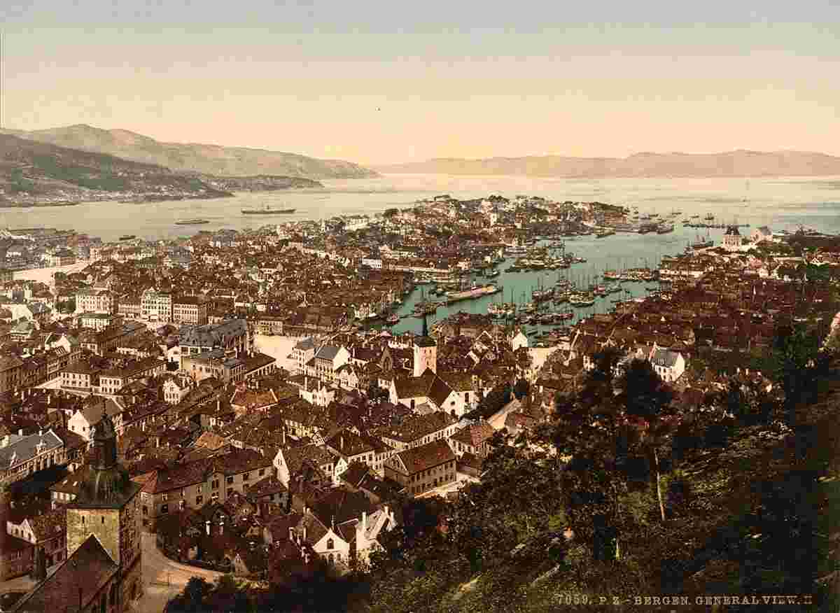 Bergen. Panorama of the city and harbour from Fjeldveien, circa 1890