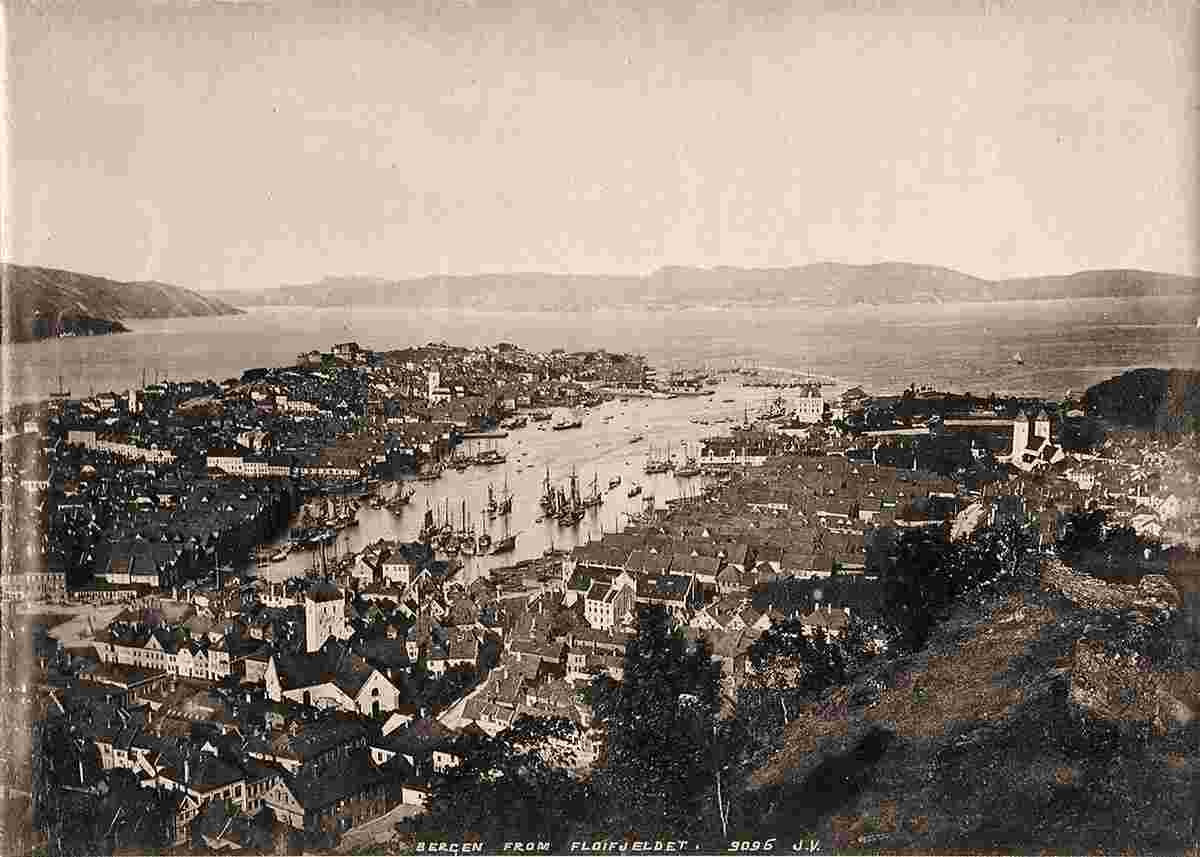 Bergen. Panorama of the city and harbour from Fjeldveien