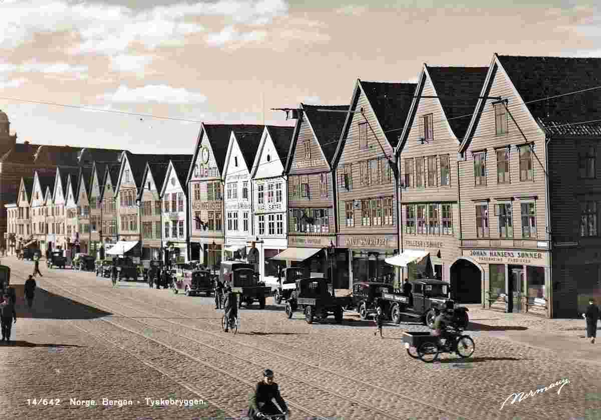 Bergen. Tyske Bryggen - 'German pier', a complex of commercial buildings, 1930s