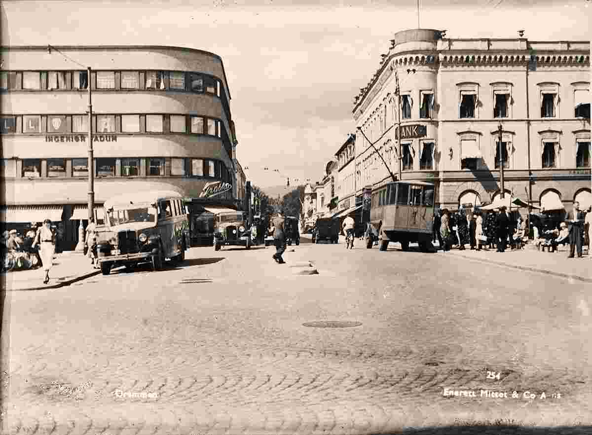 Drammen. Panorama of the city street with buses and bank, 1946