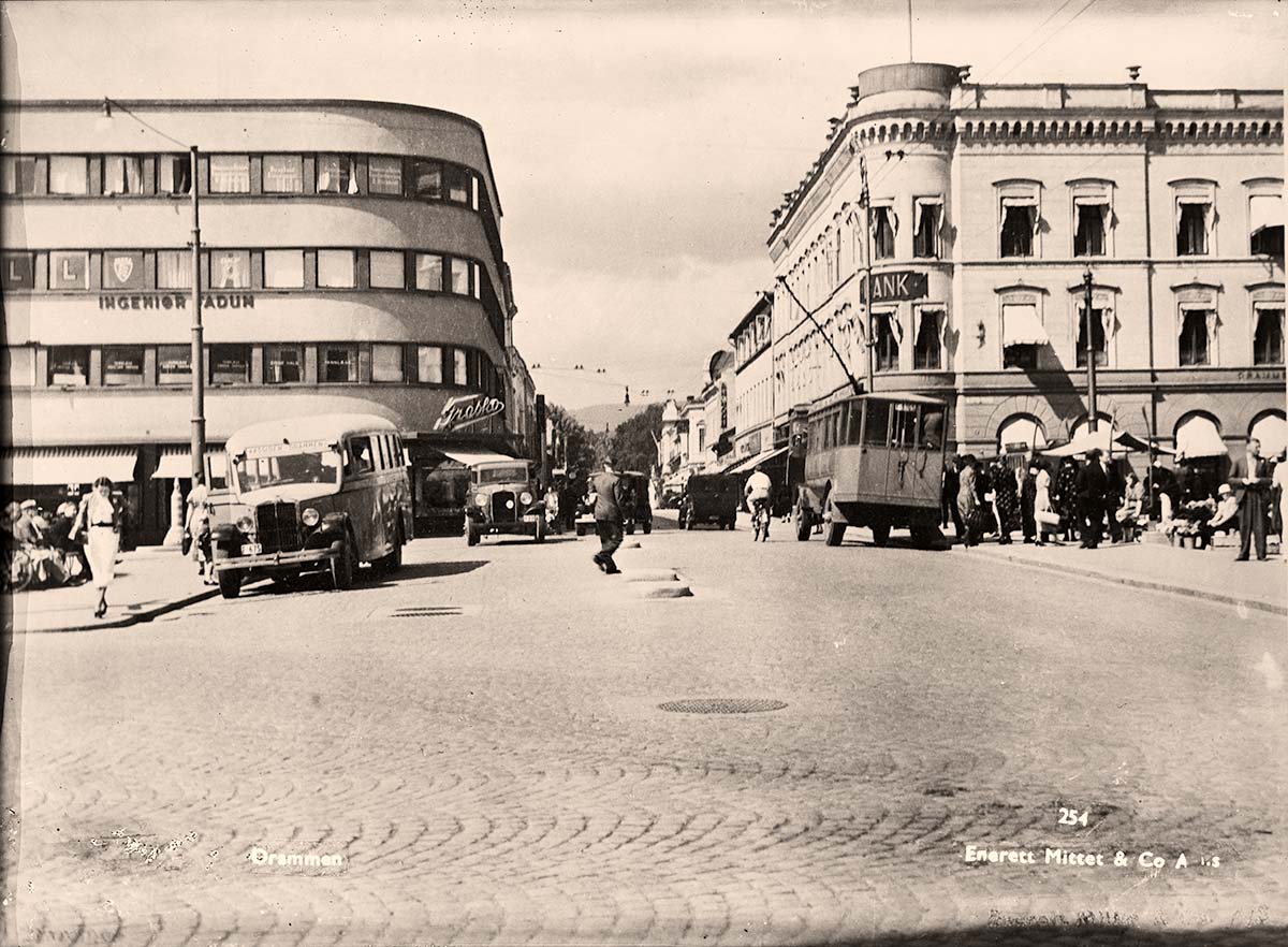 Drammen. Panorama of the city street with buses and bank, 1946
