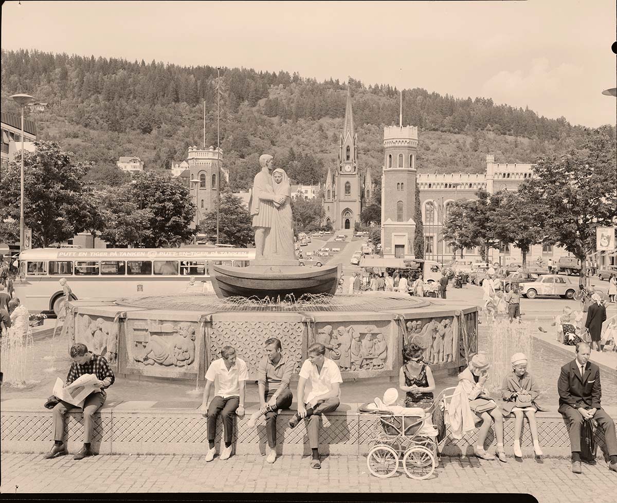 Drammen. Sankt Hallvards fountain on Bragernes square, cathedral on background, 1968