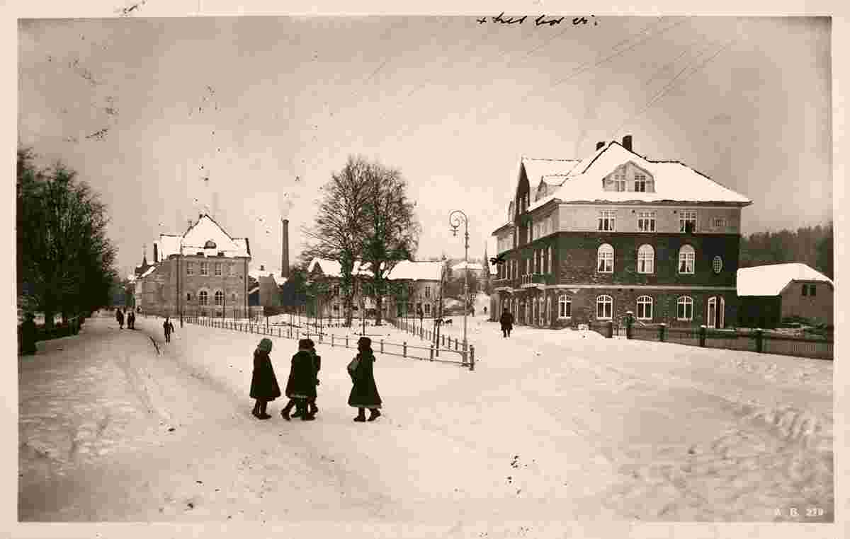 Elverum. Panorama of city street in winter, children, between 1910 and 1915