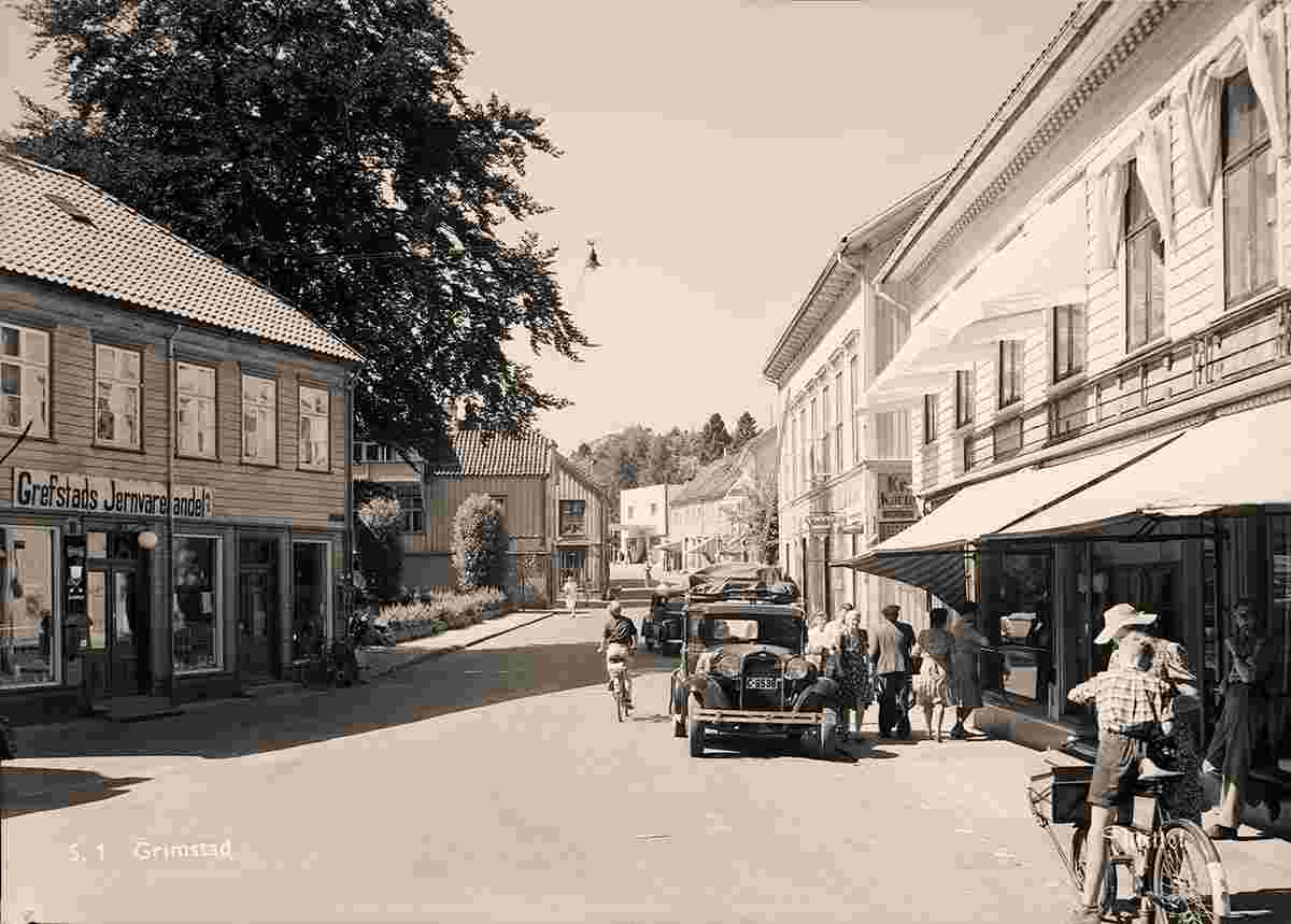 Grimstad. Panorama of city street, 1950