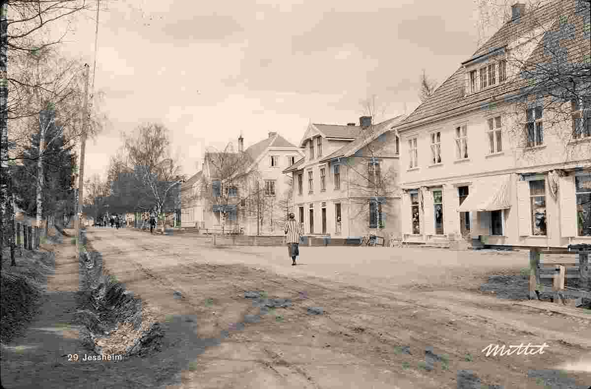 Jessheim. Panorama of city street, circa 1945