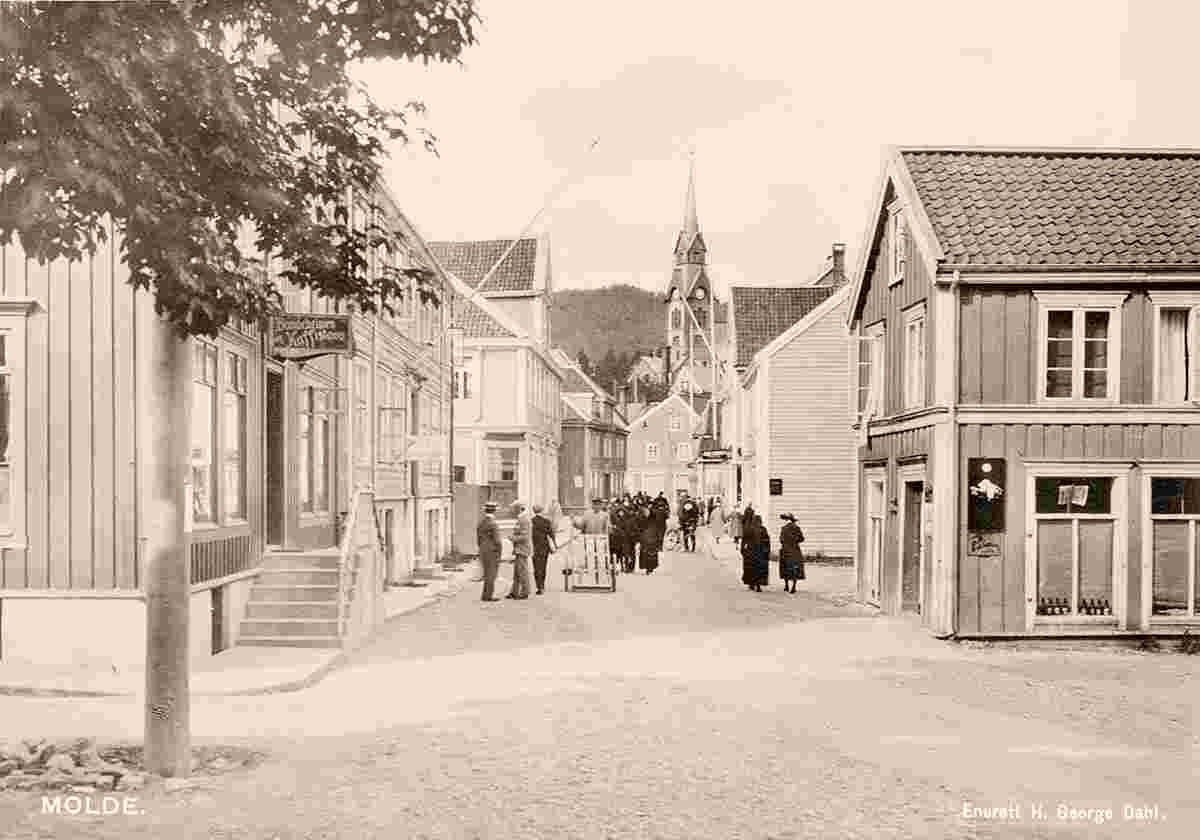 Molde. Panorama of city street, cafe, church, between 1900 and 1950