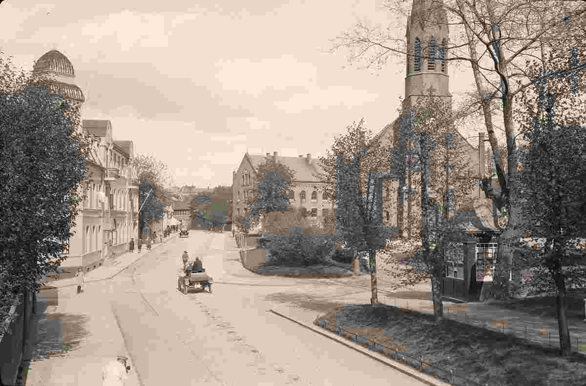 Moss. Panorama of city street, church, between 1900 and 1950