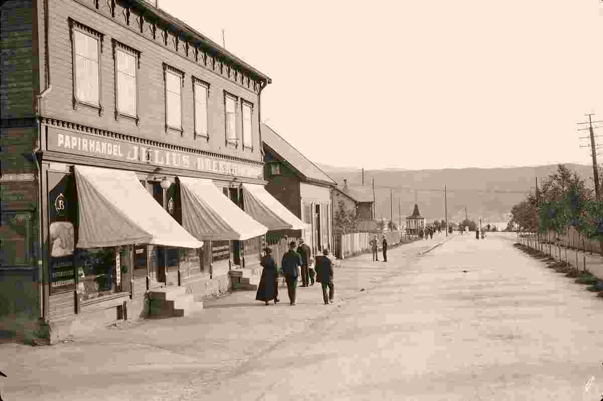 Narvik. Panorama of city street and Stationery Julius Brekke, between 1900 and 1950
