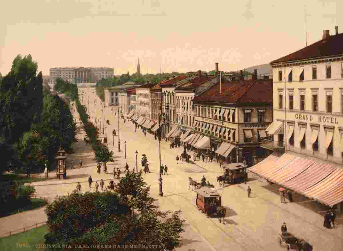 Oslo. Carl Johans Street, Royal Palace and Grand Hotel, circa 1890