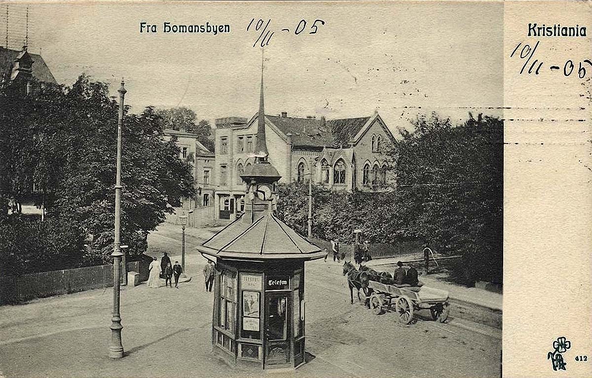 Oslo (Kristiania, Christiania). Homansbyen - Kiosk and horse cart, 1905