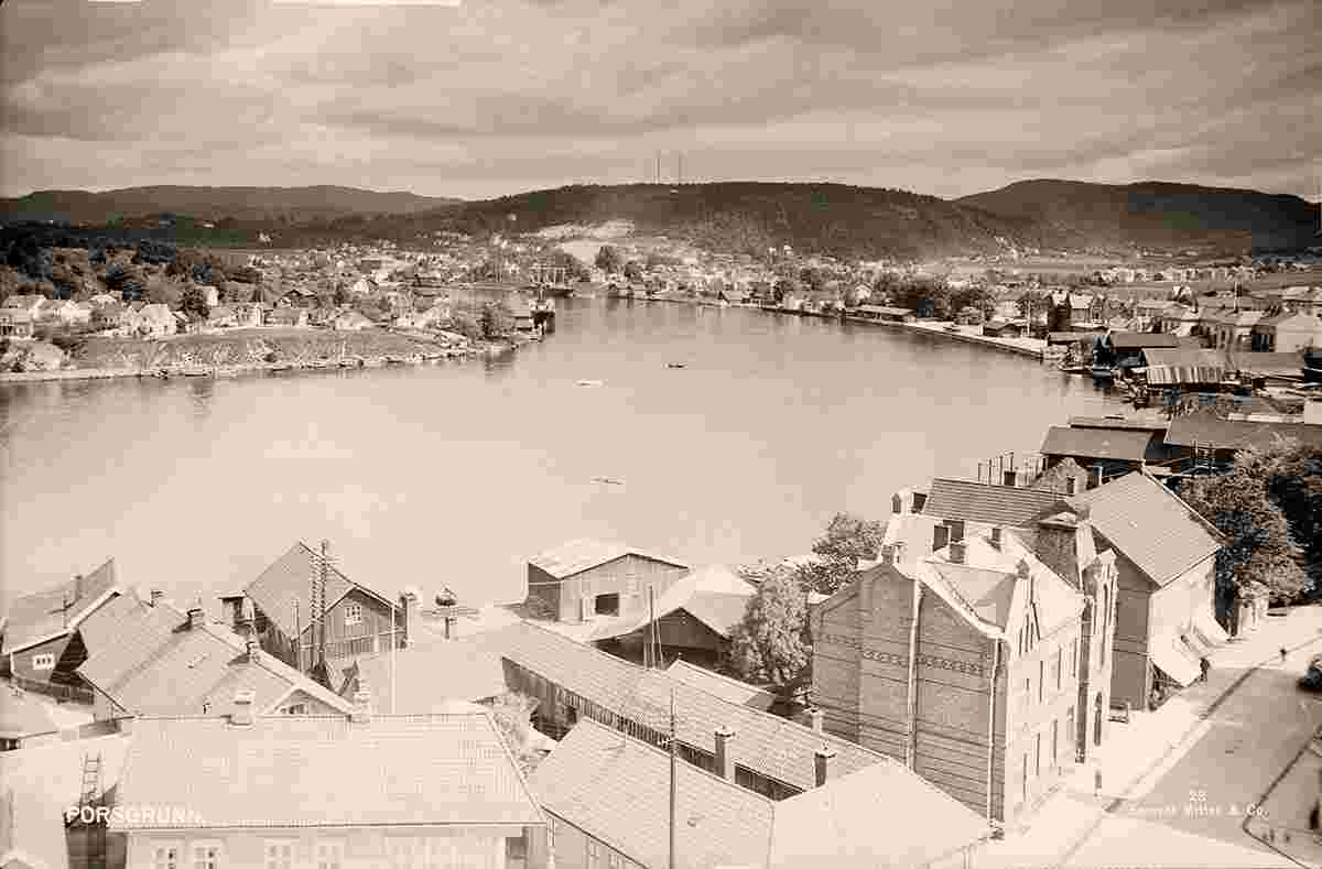 Porsgrunn. Panorama of the city and Skien river, between 1900 and 1950