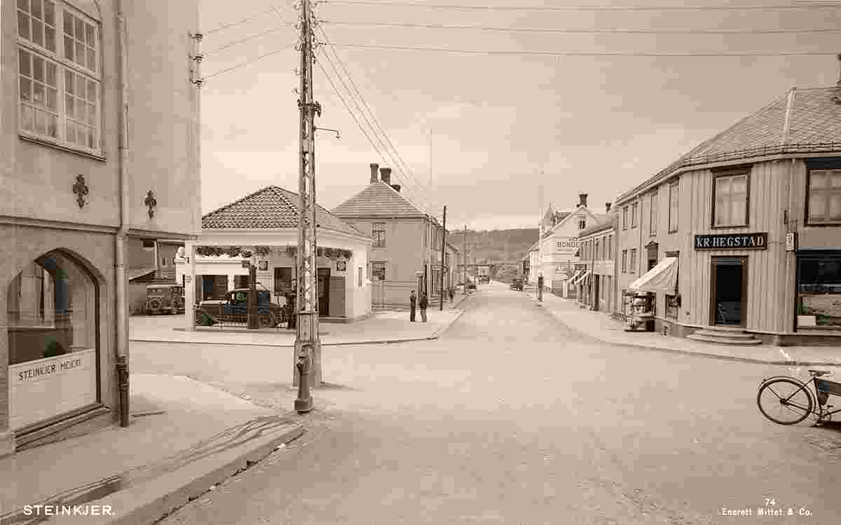 Steinkjer. Panorama of city street, petrol station, 1946