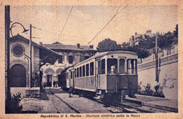 San Marino City. Station electric trains under the Rocca