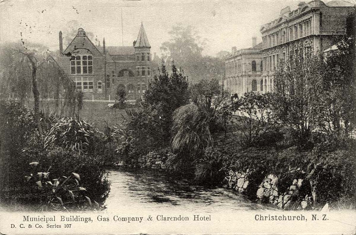 Christchurch. Municipal Buildings, Gas Company and Clarendon Hotel, 1908