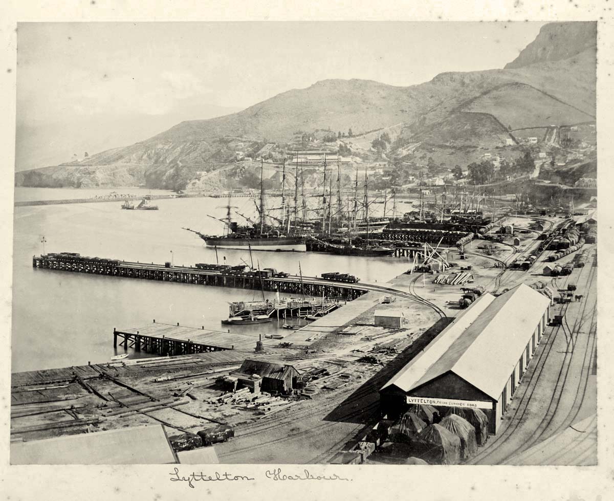 Lyttelton. Panorama of Pier from Sumner Road, circa 1870
