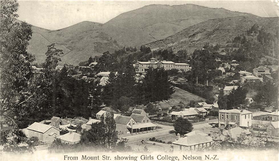 Nelson. Panorama of city from Mount Street, showing Girls College