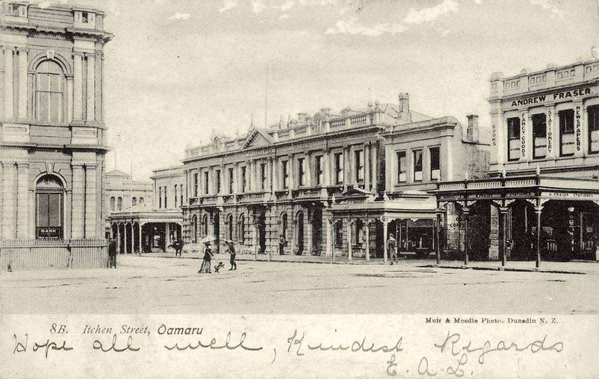Oamaru. Itchen Street, Shop of Andrew Fraser 'Books and stationery', 1905