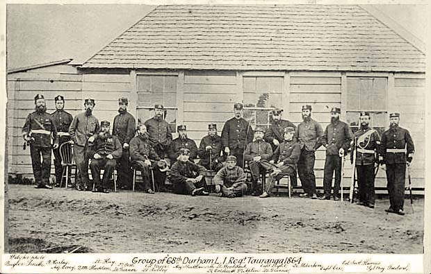 Tauranga. Group of soldiers from the 68th Durham Light Infantry, 1864