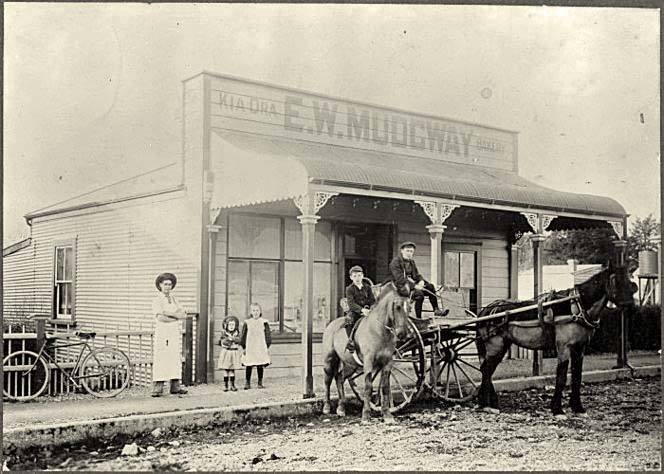 Upper Hutt. In front of the bakery of E. W. Mudgeway, Main Street, 1916