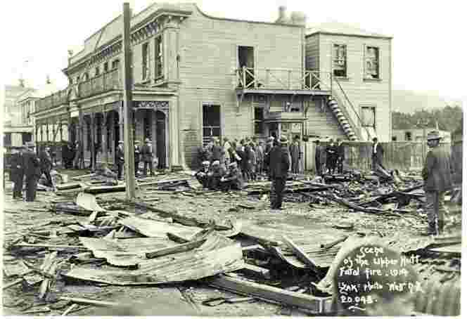 Upper Hutt. The fire damaged remains of the shop, 1914