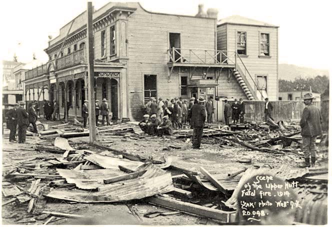 Upper Hutt. The fire damaged remains of the shop Benge & Pratt, 1914